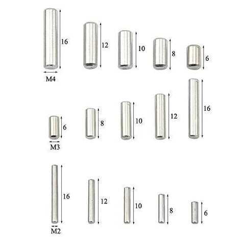 Assorted stainless steel dowel pins in various sizes, part of the 225 Pcs M2 M3 M4 Stainless Steel Dowel Pins Assortment Kit With Storage Box.