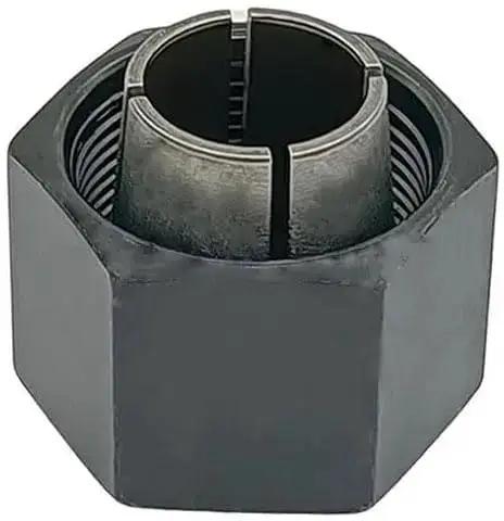 Close-up of a metal nut from Router Collet And Nut Set With Reducer Sleeves 6 Piece Kit Includes 1/4 Inch 1/2 Inch And 12 mm Collets 1/2-3/8 Reducer 12.7-6Mm And 12.7-8Mm Adapters Built For DIYers And Pros Fits Popular Router Models