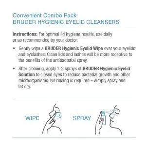 Instructions for using Hygienic Eyelid Cleansing Wipes and Eyelid Solution Spray for Daily Care with illustrations