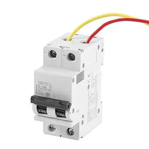Two Pole 250V DC Miniature Circuit Breaker for solar PV and grid systems, DIN rail mount, 63A quick trip, with wires shown