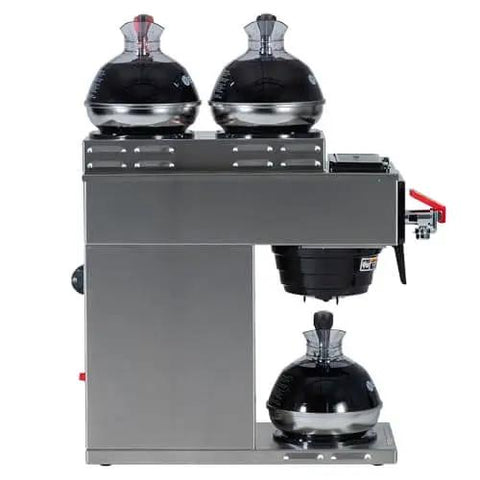 Side view of Automatic Commercial Coffee Brewer With Three Warmers And Back Up Pourover Plumbed Water Line SplashGard Funnel Hot Water Faucet All Stainless Steel Designed And Assembled In The USA Decanters Not Included
