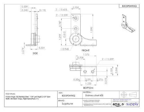 Technical drawing of Friction Hinge in 430 Stainless Steel for Cabinets and Doors, 1.25 in leaf height, 2.375 in open width, side and front view.
