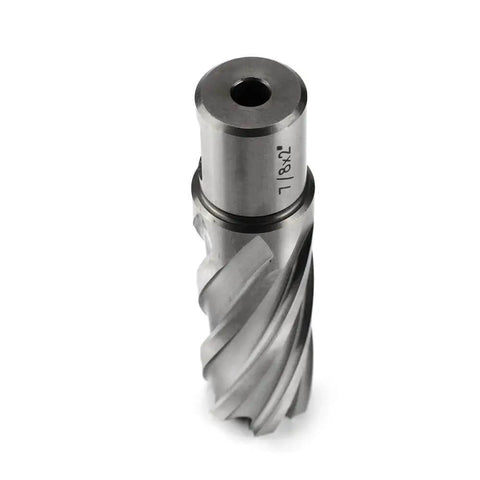 Heavy Duty Seven Eighth Inch Annular Cutter With Two Inch Cutting Depth Weldon Three Quarter Inch Shank With Two Flats And Pilot Pin For Magnetic Drill Press By OSCARBIDE Drills Large Holes Faster Than Regular Bits, front view.
