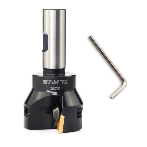 Indexable Carbide End Mill Workhorse With Three Quarter Inch Shank And Two Inch Cutting Diameter Ninety Degree Tool Three Flutes Three Piece Tin Coated Inserts TPCN32PDTR For High Speed Milling And Long Tool Life shown with insert and hex key
