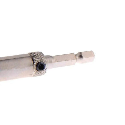 Close-up of HSS Self Centering Hinge Tapper Core Drill Bit Set Four Piece One Quarter Inch Quick Change Hex Shank Bits end view.