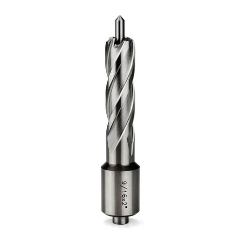 Annular Cutter For Magnetic Drill Press Heavy Duty 9/16 Inch Cutting Diameter And 2 Inch Depth Of Cut With 3/4 Inch Weldon Shank And Two Flat Sides Plus Pilot Pin Oscarbide, shown vertically.