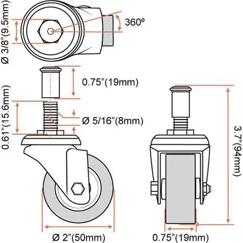 Heavy Duty 2 Inch Swivel Caster Wheels Set Six Pack For Creeper Service Cart And Stool Post Mount Threaded Post Diagram