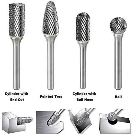 Four types of burrs from Eight Piece Double Cut Carbide Burr Set With One Quarter Inch Shank For Die Grinder And Rotary Tools Ideal For Metal Wood Carving Engraving Polishing Drilling Includes Eight High Performance Tungsten Carbide Burrs By YUFUTOL.