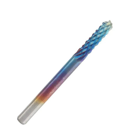 Ten Piece Nano Blue Coat End Mill CNC Router Bits Set For PCB Mold Plastic Fiber Carbon Fiber Hard Wood With One Eighth Inch Shank And Diameters From 0.8 To 3.175mm For Precision Milling And Do It All CNC Machining, single bit close-up