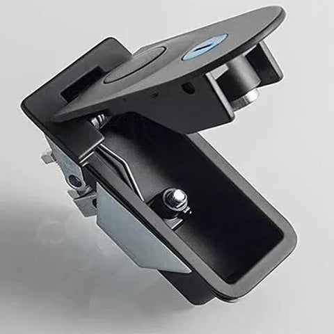 Side view of Two Piece Sealed Compression Latch Flush Mount Trigger Lever Locking Black, zinc alloy with steel components, showing open position.