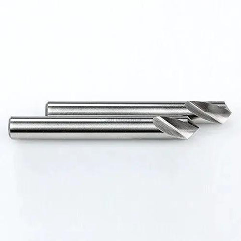 Pro Grade Eight Percent Cobalt HSS NC Spotting Drill Set One Quarter Inch Diameter With Ninety And One Hundred Twenty Degree Angles For CNC Machines Precision Centering Two Piece Metalworking Drill Set, showing front view of metallic drills