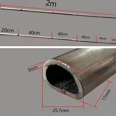 Metal bar measuring 2 meters with diameter and dimensions labeled, showing cross-sectional thickness and length markings.