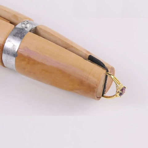 Side view of Wooden Ring Clamp With Wedge Hand Holding Fixture for Jewelers Stone Setting Repair, showing wooden and metal construction.