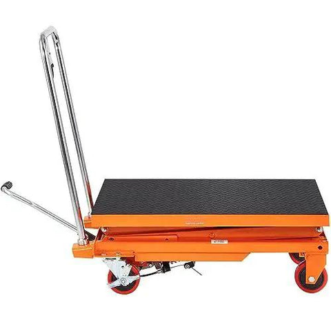 Manual Hydraulic Lift Table Cart 330lb Capacity 50in Lift With 4 Wheels, side view showing orange platform and handle.