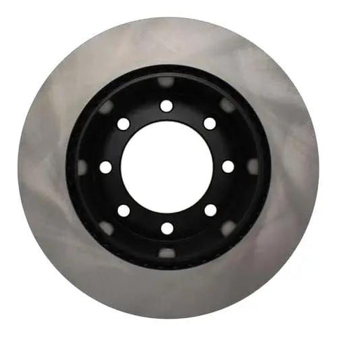 Rear brake rotor, front view; metal disc with black center hub and eight lug holes.