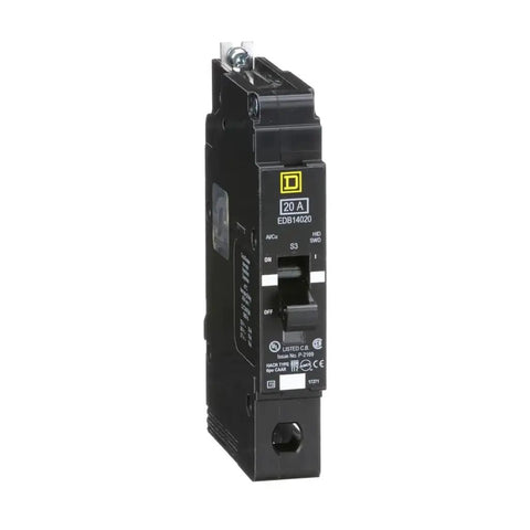 277V 20A Mini Circuit Breaker EDB14020 - Solid Easy-Install Breaker, black compact design for panels, front view
