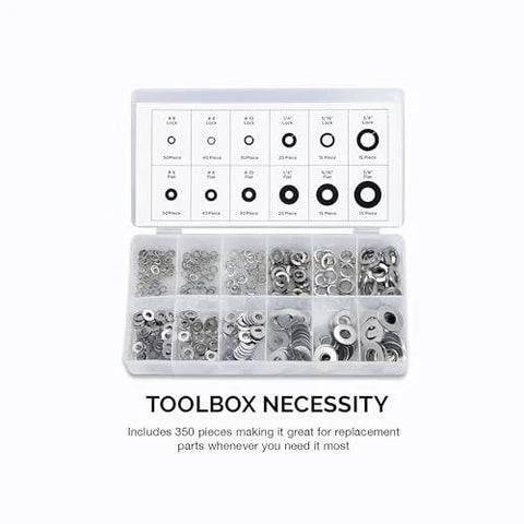 NEIKO 50400A stainless steel lock and flat washer set, 350 pieces, 12 sizes, in plastic organizer