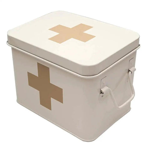 Retro Enameled First Aid Box With Lid And Removable Tray For Medicine Storage And Home Decor In Milky White With Tan Cross