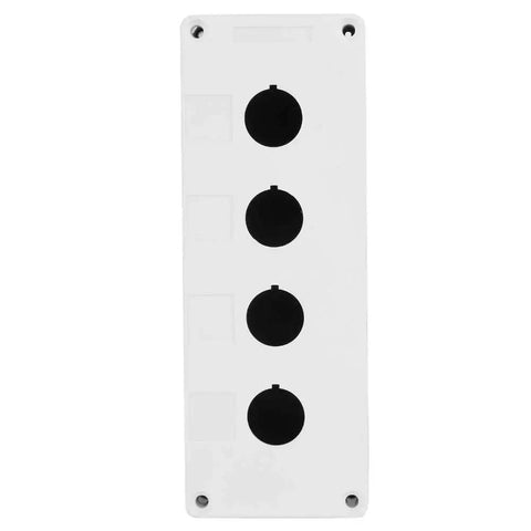 Front view of heavy duty rugged weatherproof switch box for 22 mm push buttons, white ABS with rubber strip, four slots visible
