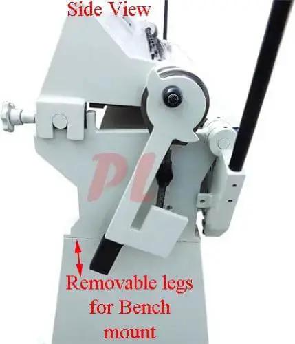 Side view of 80 Inch Pan And Box Brake Bender For Metal Fabrication showing removable legs for benchtop mount.