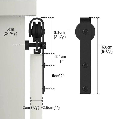 4Ft Sliding Barn Door Hardware Kit For Single Door TV Stands And Small Cabinets With J Shaped Hanger, side view with measurements