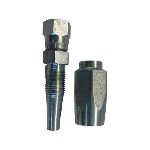 Hydraulic hose fitting pair: 3/8 JIC male adapter and two-piece thread-on coupling in metal finish.