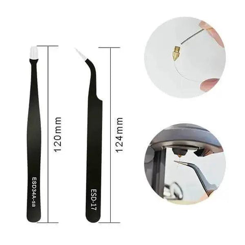 Close-up of Complete 42Pcs 3D Printer Nozzle Cleaning Tool Kit with 2 tweezers, needle cleaning nozzle, black background