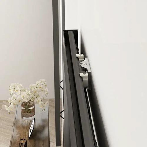 Side view of 40 In X 84 In Full Lite Frosted Glass Black Steel Frame Interior Sliding Barn Door With Hidden Track System