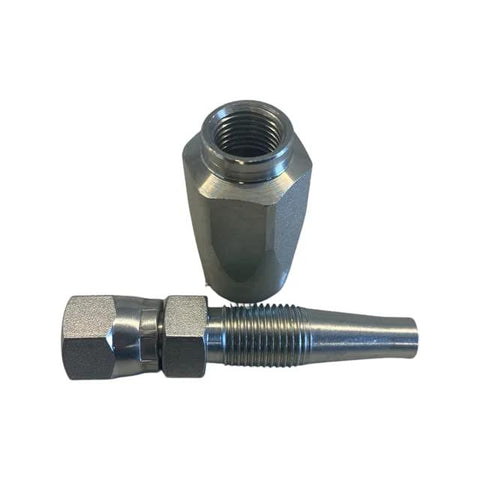 Hydraulic hose fitting set: 3/8 in hose to 3/8 in female JIC, reusable two-piece thread-on design for field repair