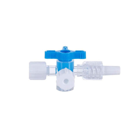 Three-way stopcock valve with blue T-handle, white body and clear connectors for medical use