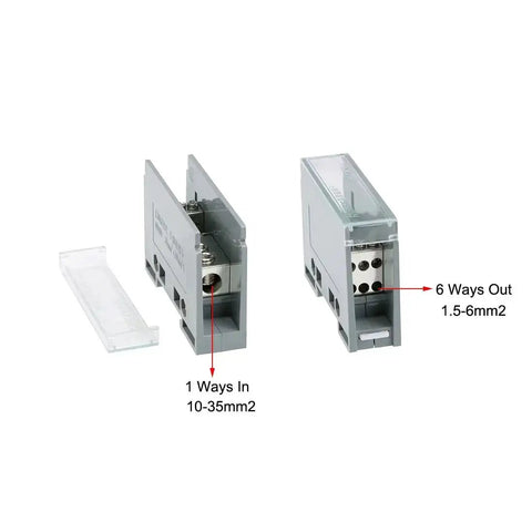 One In Six Out DIN Rail Terminal Block 690V Distribution Connector For Easy No Fuss Install With Flame Resistant Shell Brass Conductor Clear Protective Cover 35mm DIN Rail Mount Industrial Grade Electrical Block showing 1-in 6-out configuration, clear cover.