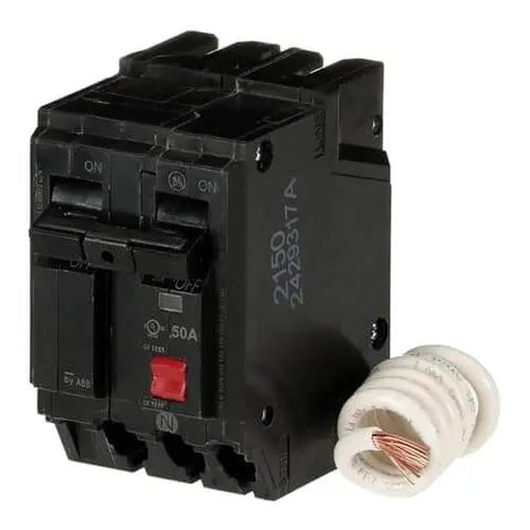 50A Double-Pole GFCI Breaker 240V Self-Test Ground Fault Interrupter for 120/240 VAC Service, shown with wiring