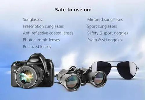 ZEISS Lens Wipes Pre Moistened for Glasses and Sunglasses Safe for Coatings shown with camera, binoculars, sunglasses