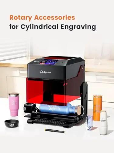 Portable 10W Laser Engraver For Wood Metal Glass With 3.5 Inch Touchscreen And AlgoOS No PC Needed Draw Direct Or Upload Designs Wirelessly Offline Engraving And Cutting By AlgoLaser with rotary accessory for cylindrical engraving in a kitchen setting.