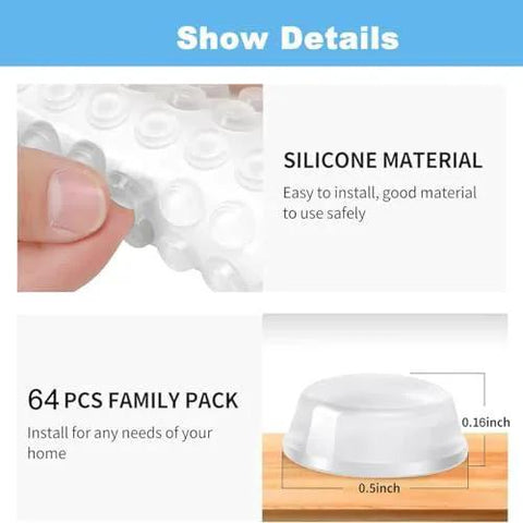 Close-up of silicone 2 Pack Self Adhesive Bumpers 1/2 Inch Diameter Clear Round Cushions 64 Pieces For Cabinets Drawers and Furniture