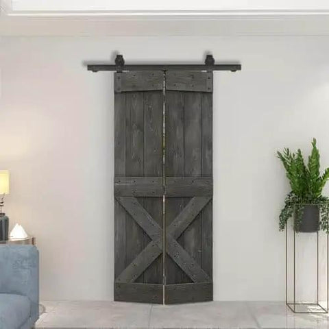 36 Inch By 84 Inch DIY Wood Bi-Fold Barn Door Kit With Carbon Gray Stain, installed in modern home interior