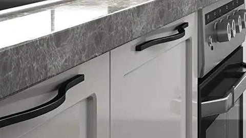 Modern Matte Black Cabinet Handle Set For Doors And Drawers Minimalist Wardrobe Pulls Arched Style installed on kitchen cabinets