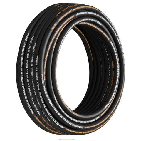 Hydraulic hose 3/8 in x 100 ft, black rubber with steel braid, 4800 PSI, -20°C to 140°C, bulk