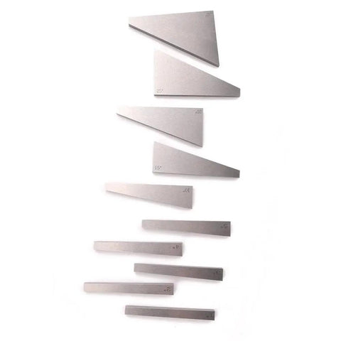 Precision Angle Block Set Oudtinx 10 Piece Hardened And Ground Blocks Lightly Magnetized For Secure Hold 3 Inches Long By One Quarter Inch Thick Comes With A Fitted Case Perfect For Tooling And Machining In The Shop With 0.0001 Inch Per Inch Accuracy displayed on a white background