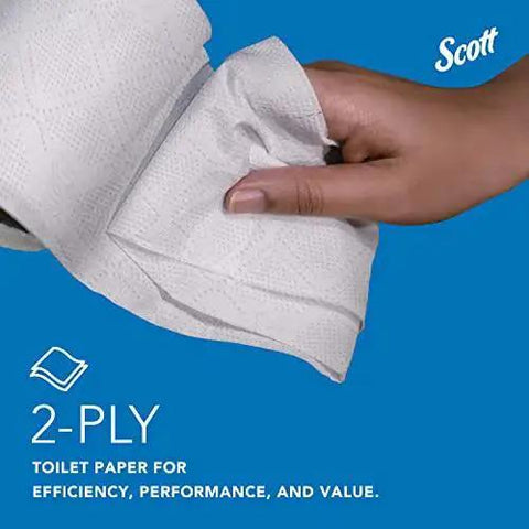 Hand holding 100 Percent Recycled Fiber 2 Ply Toilet Paper 80 Rolls 473 Sheets Per Roll