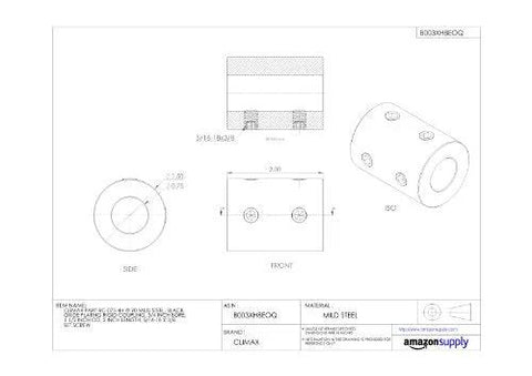 Rigid coupling drawing: Climax Metals black oxide mild steel, 3/4" bore, 1-1/2" OD, 2" length, set screws