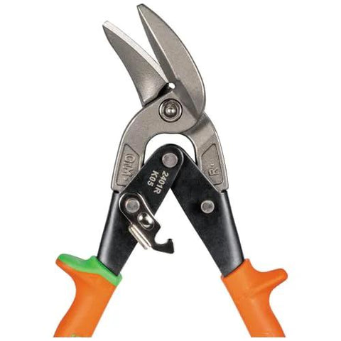 Right Cutting Offset Tin Snips For Sheet Metal With Forged Heat Treated Blades And Spring Action Lock, ideal for DIY.