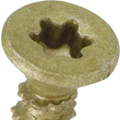 Close-up of All Purpose Multi Material Flat Head Screws Epoxy Coated Bronze Steel For Wood Metal Concrete Drywall And Plastic No Pre Drilling Required #6 x 5/8 Inch showing detailed head design.