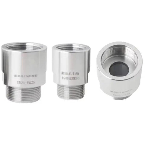Front view: set of three silver metal threaded adapters for ER collet spindles