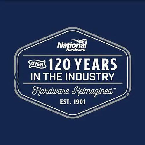 National Hardware badge logo celebrating over 120 years in the industry, established in 1901, with a blue background.