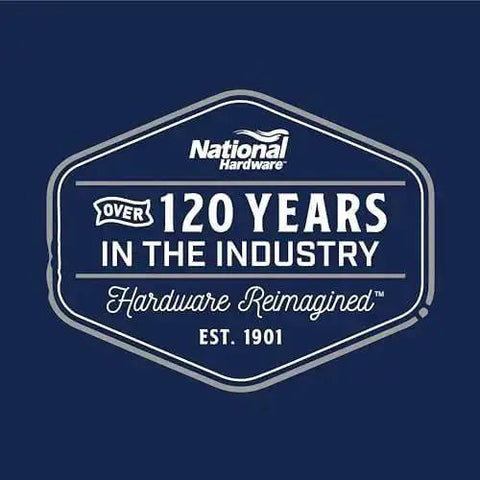 Vintage-style badge reading 'Over 120 Years in the Industry, Hardware Reimagined, Est. 1901' by National Hardware.