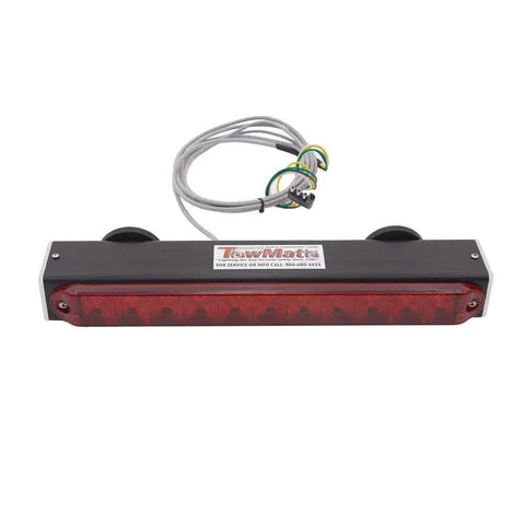 Front view of TowMate red LED tail light bar for hitch cargo carrier with magnetic mount and wiring harness.