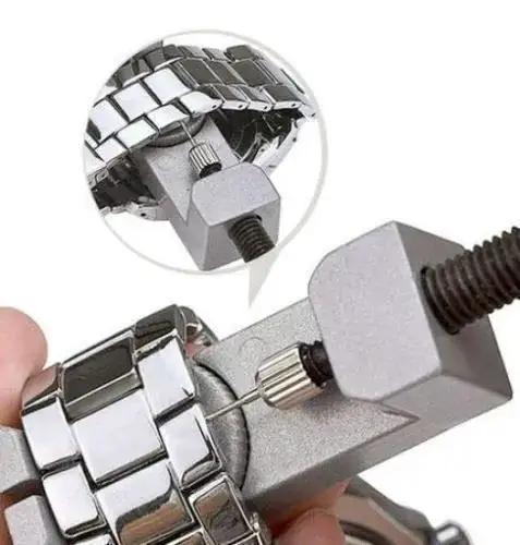 360 Piece Watch Band Link Pins And Spring Bars Set With Removal Tool for stainless steel bands, shown in use on a band