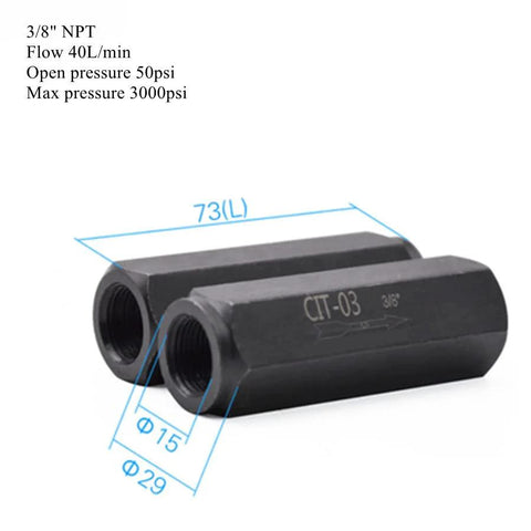 Two black hydraulic check valves with 3/8 NPT threads for oil pumps, single-way valves rated up to 3000 psi.