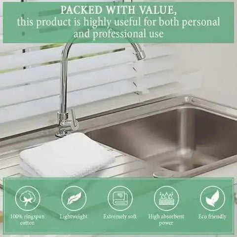 60 Pack 14x17 Inch White Bar Mop Towels on kitchen sink, 100% cotton, absorbent, durable, multipurpose cleaning towel displayed